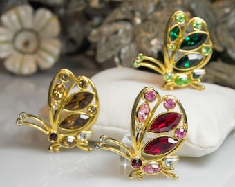 Butterfly Brooches 80s - Rhinestones in various colors - Butterfly Brooches 80s with colored Rhinestones Germany