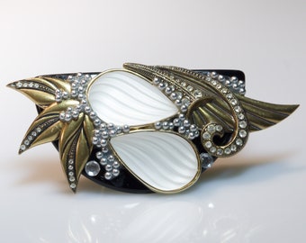 Unique floral style Brooch - frosted glass und golden leafs with crystal rhinestones and small pearls - Large - Brosche 80er Jahre