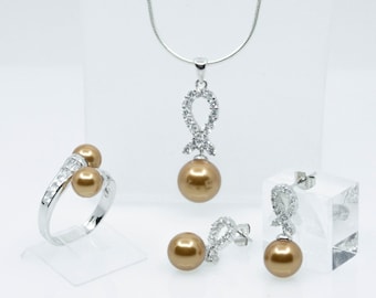 Viventy Jewels 925 Sterling Silver and CZ Zirconia and Brown Pearls, Ring, Pendant with Necklace and Matching Earrings Stud Earrings