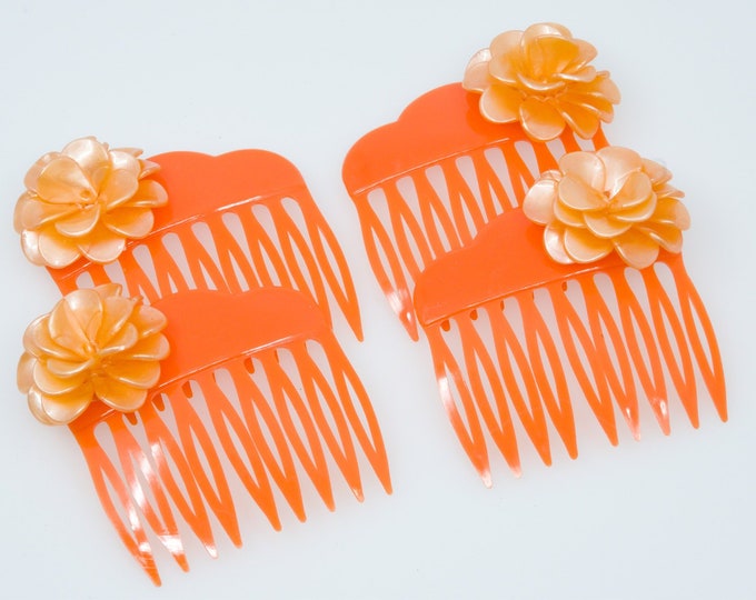 Vintage Hair Comb Set of 4 Pieces 80s Clip Orange With Blossom Etsy
