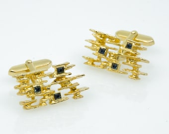 1970s cufflinks, 18k gold plated with three blue stones, square cut, vintage 1960-70, Couturier Modernist Cufflinks Dapper