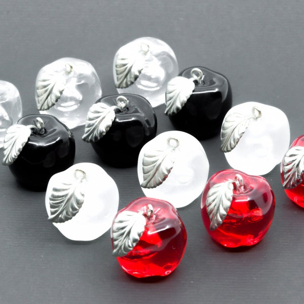 12 pcs. Lucite Apple Pendant 1960s vintage Charms frosted clear red and black with silvertone leaf - plexiglass resin charm beading supplies