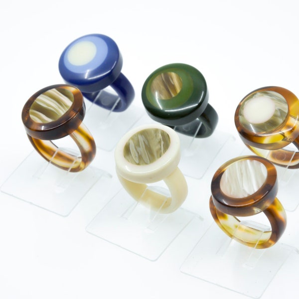 Set of 6 Vintage Collectible Rings 1970s Mod Layered Galalith, Lucite, Celluloid Different Colors Different Sizes Asymmetrical Finger Ring