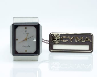 Very rare CYMA "Lord May" 1982s vintage wrist watch extra-thin quartz movement and original box, swiss men watch facetted steel