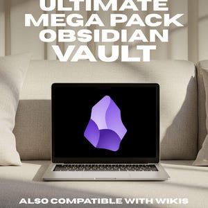 Può includere: Un laptop con una grafica viola e bianca sullo schermo. Il testo "ULTIMATE MEGA PACK OBSIDIAN VAULT" è sopra il laptop. Sotto, il testo recita "ALSO COMPATIBLE WITH WIKIS (CONFLUENCE, GITHUB, GITLAB, NOTION, ETC.)".