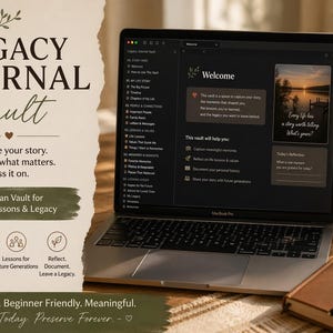 May include: A laptop displays the "Legacy Journal Vault" interface, with text that reads "Capture your story. Preserve what matters. Pass it on." A mug with the text "Your story is someone's legacy" sits next to a journal.