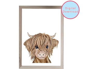 Highland cow print, peeking cow print, animal printable wall art, shaggy cow print, digital gift, digital download, farm animal art print