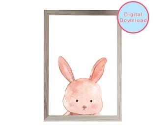 Rabbit printable wall art, peeking animal, woodland animal art print, nursery decor, baby shower gift, new baby present