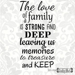 May include: Black and white text graphic with the quote "The love of family is strong and deep leaving us memories to treasure and keep".