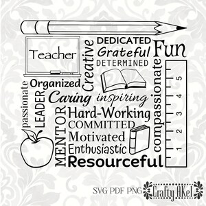 May include: Black and white word art design with the word "Teacher" in a chalkboard, an apple, a book, a pencil, and a ruler. The words "Dedicated, Grateful, Fun, Organized, Leader, Creative, Determined, Caring, Inspiring, Hard-Working, Committed, Motivated, Enthusiastic, Compassionate, Resourceful" are arranged around the central images. The design includes the text "SVG PDF PNG Crafty Akel".