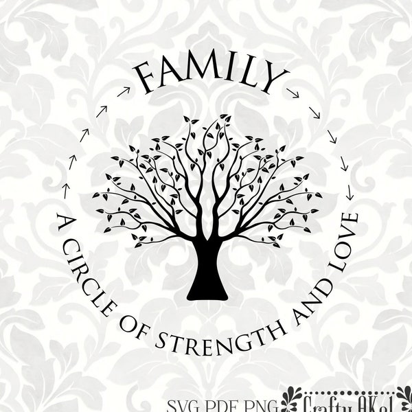 Family; A circle of strength and love [family tree, family quote, tree] (SVG, PDF, PNG Digital File Vector Graphic)