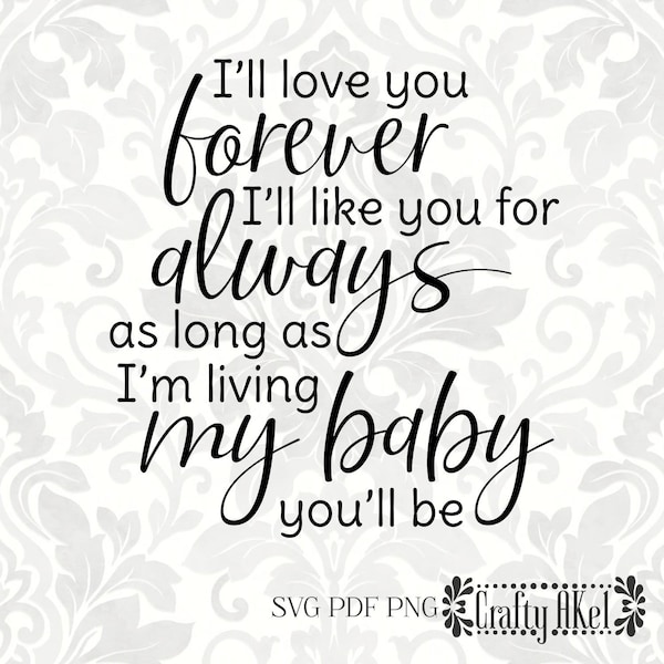 I'll love you forever I'll like you for always as long as I'm living my baby you'll be (SVG, PDF, Digital File Vector Graphic)