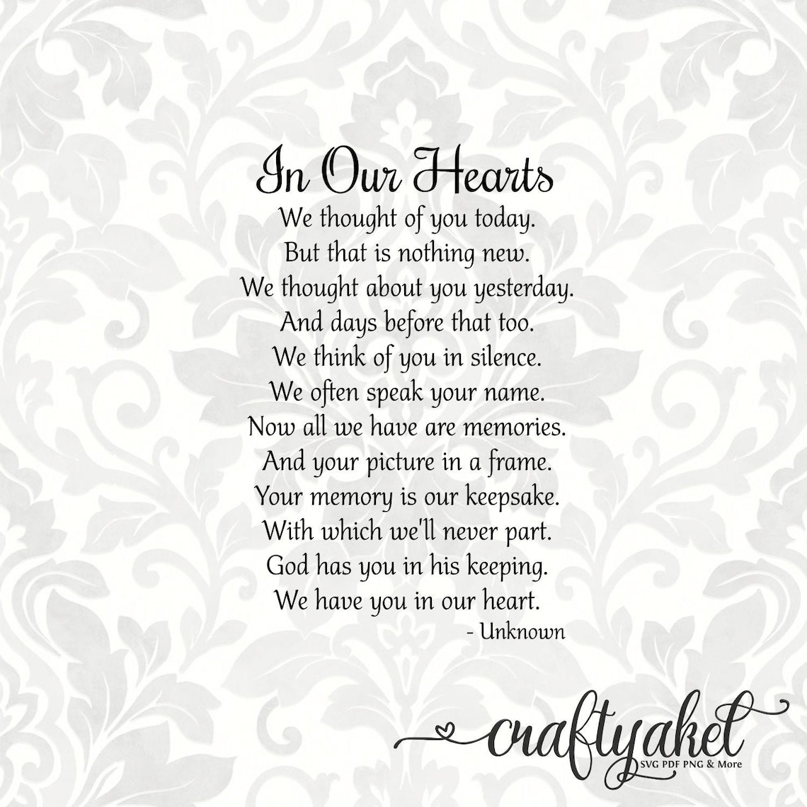 In Our Hearts Poem Bereavement Mourning Sympathy Grief Etsy Finland