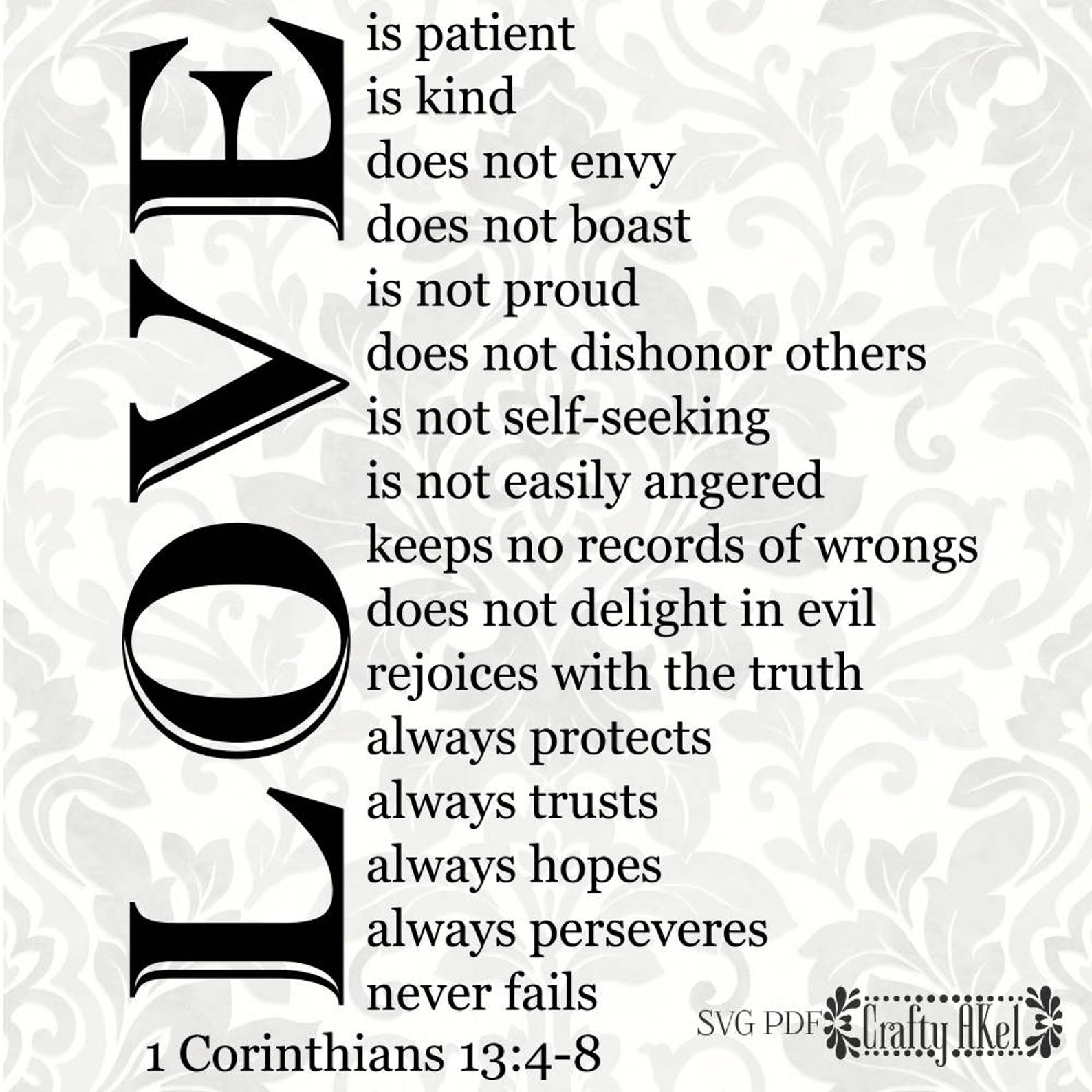 1 Corinthians 13:4-8 Love is patient, love is kind. 