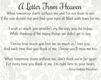 A Letter From Heaven Poem - Bereavement, Mourning, Grief, Sympathy, Funeral (Svg, Pdf, Png Digital File Vector Graphic)