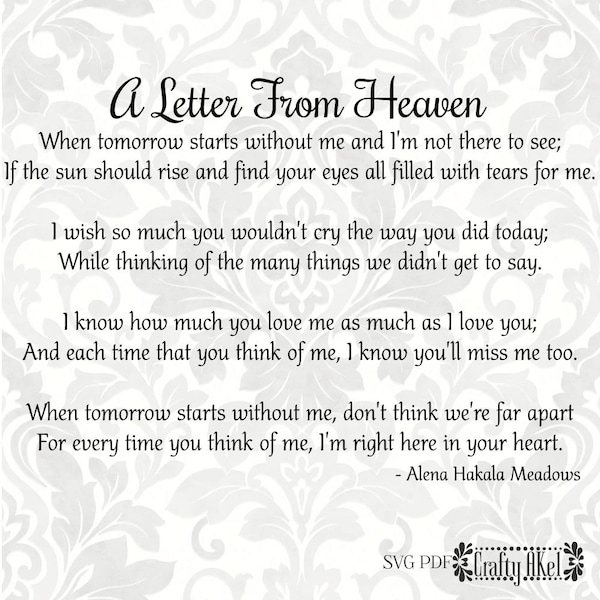 A Letter From Heaven Poem - Bereavement, Mourning, Grief, Sympathy, Funeral (Svg, Pdf, Png Digital File Vector Graphic)