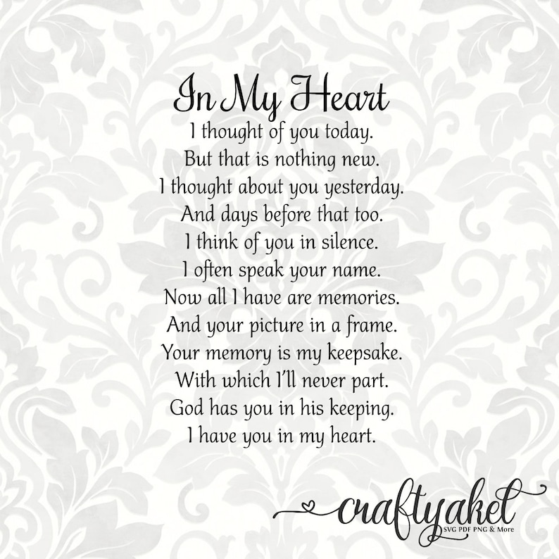 In My Heart Poem Bereavement Mourning Sympathy Grief Etsy