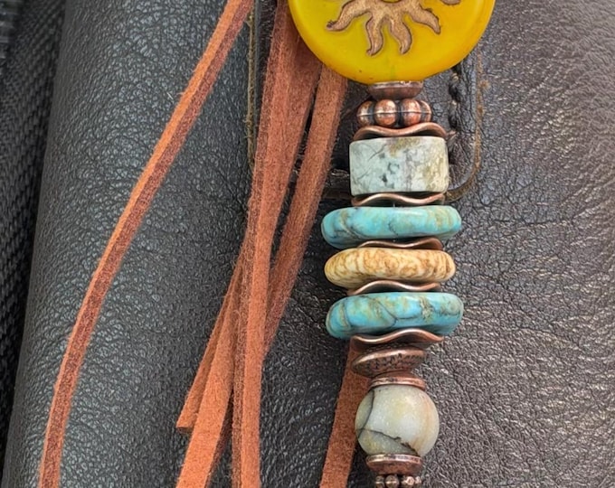 Bohemian Beaded Bag Charm - Czech Dandelion Sun & Gemstone Purse Tassel