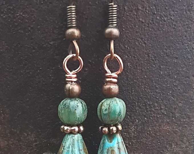 Sky Melon Earthy Picasso Czech Glass Dangle Earrings- Hypoallergenic Ear Wires