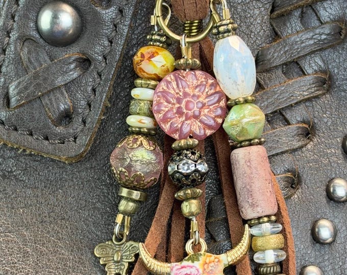 Czech Glass & Cow Floral Charm Beaded Keychain Tassel- Purse Charm’s