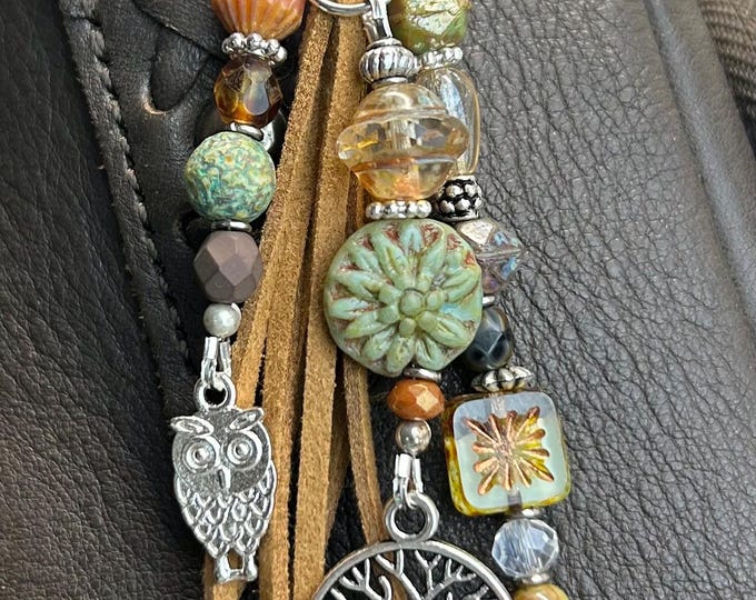 Owl & Tree of Life Earthy Beaded Keychain, Czech Glass- Bag Charm's Purse Tassel