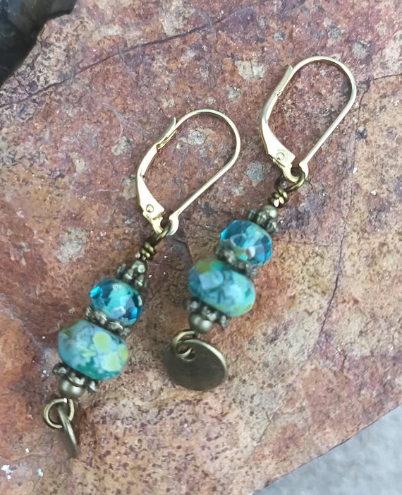 Aqua Seashore and Bronze Czech Glass Dangle Earrings