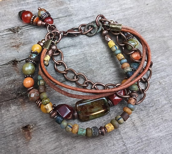 Earthy Multi Strand Bracelet, Gemstone, Czech glass, Copper and Leather, Adjustable