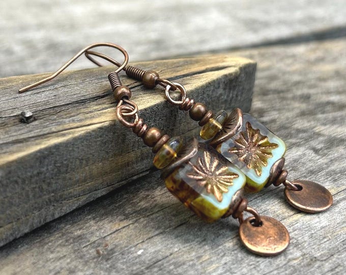 Earthy Amber, Light Turquoise Green & Copper Coin Dangle Earrings - Choice of Hypoallergenic Ear Wire