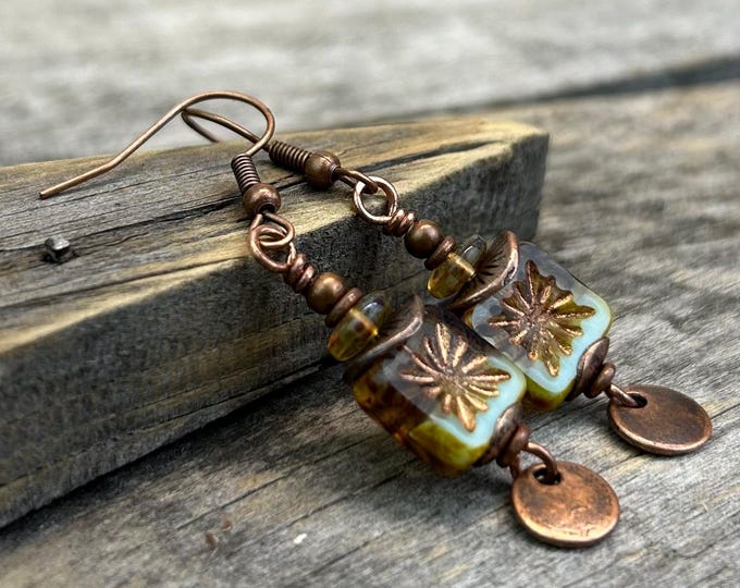 Earthy Amber, Light Turquoise Green & Copper Coin Dangle Earrings - Choice of Hypoallergenic Ear Wire