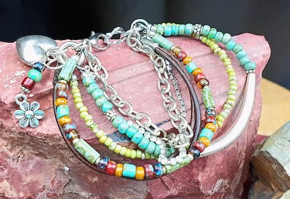 Multi Strand Beaded Bracelet, Picasso glass seed beads, Leather, Cup chain, silver chain, Adjustable