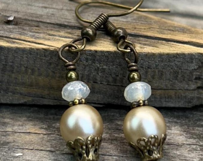 Filligree & Satin Taupe Czech Glass Pearl Dangle Earrings - Choice of Hypoallergenic Ear Wire