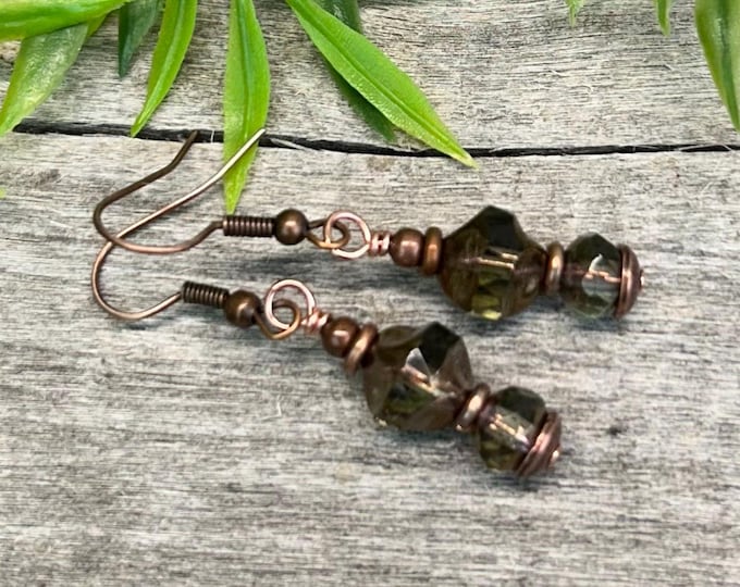 Earthy Bronze Green Czech Glass Dangle Earrings - Choice of Hypoallergenic Ear Wire