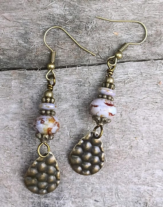 Earthy Lilac Mist & Bronze Hammered Teardrop Dangle Earrings, Hypoallergenic ear wires