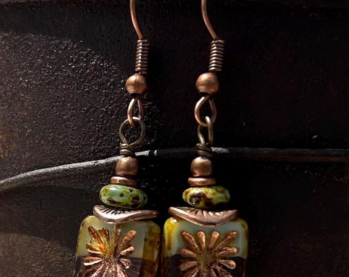 Earthy Czech Glass Square Dangle Earrings- Choice of Ear Wire- Hypoallergenic