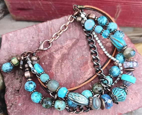 Multi Strand Beaded Bracelet, Czech Glass Picasso, Blue Copper Leather Chain