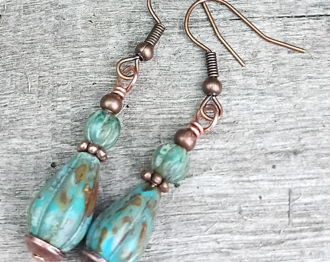 Sky Melon Drop Petite Dangle Earrings, Earthy Picasso Finish, Boho Earrings