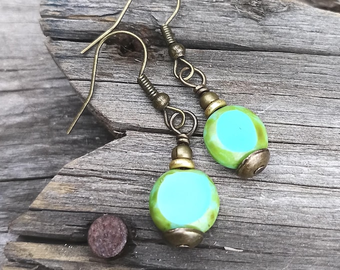 Czech Turquoise Coin Petite Minimalist Dangle Earrings, Picasso Finish