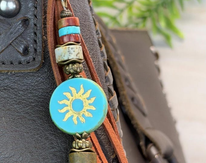 Turquoise Czech Sun Coin & Tree of Life Beaded Keychain Bag Charms- Minimalist