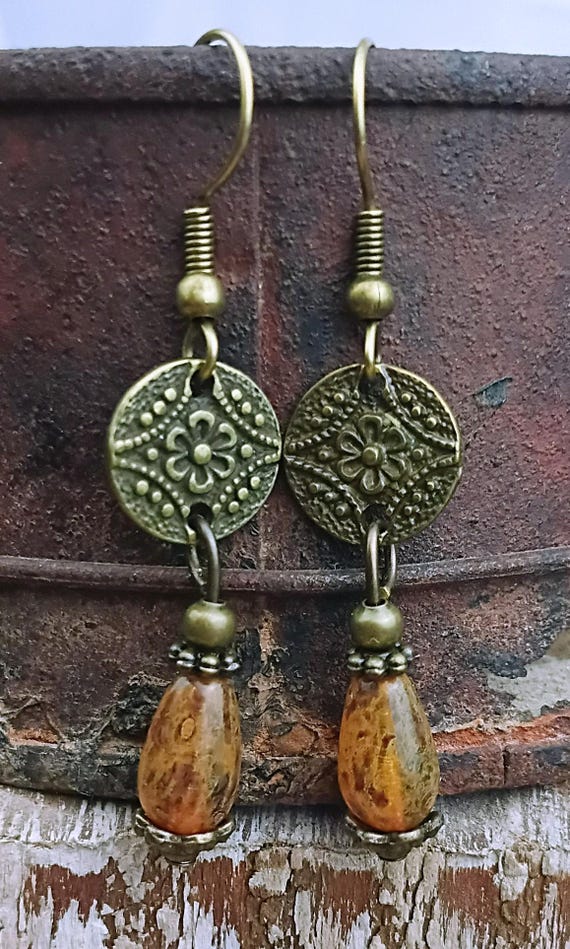 Golden Honey Czech Glass Teardrop Earrings, Antique Bronze Flower Charm, Hypoallergenic Wires