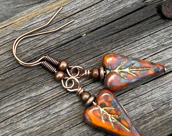 Earthy Orange Heart Leaf Dangle Earrings