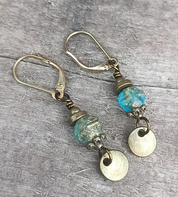 Aqua Matte Czech Glass Nuggets and Bronze Dangle Earrings