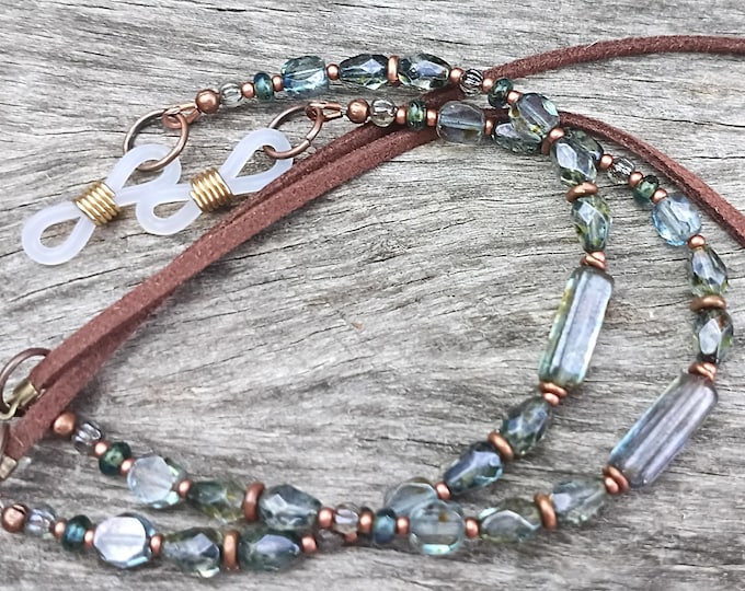Earthy Montana & Pine Blue Czech Glass Beaded Eyeglasses Cord - Faux Leather Strap
