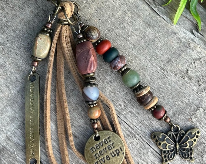 Affirmations Bohemian Beaded Keychain, Earthy Jasper & Bronze Tone's - Bag Charm's - Purse Jewelry