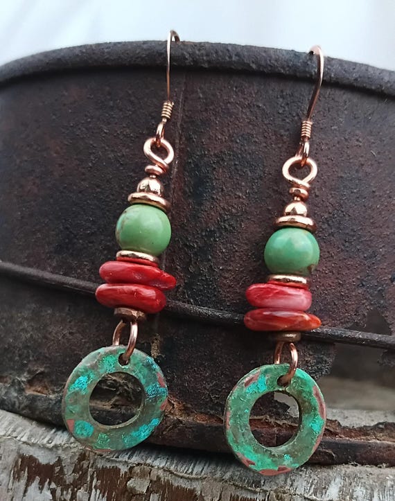Green Patina Copper Dangle Ring Earrings With Turquoise & Spiny Oyster