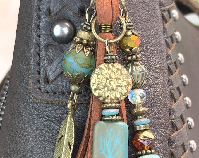 Never Never Give Up & Tree of Life Czech Glass Beaded Bag Charms - Bronze Accents