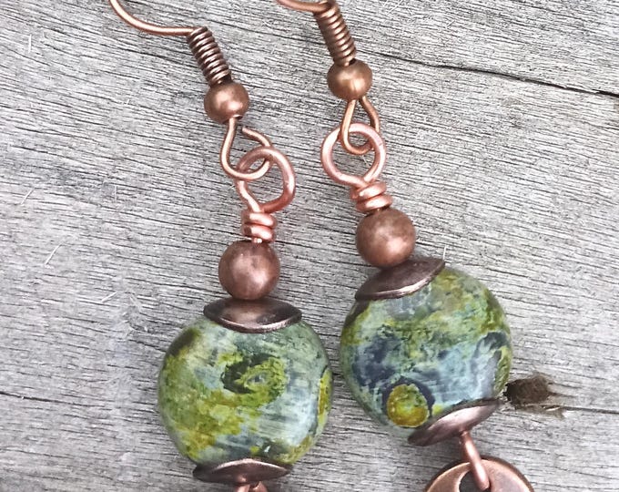 Tortoise Lentil Czech Glass Earthy Green- Small Dangle Earrings, Hypoallergenic- Choice of ear wire