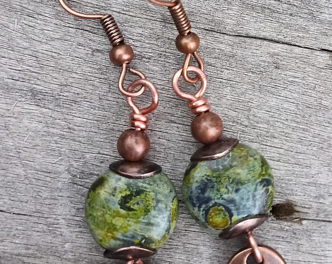 Tortoise Lentil Czech Glass Earthy Green- Small Dangle Earrings, Hypoallergenic- Choice of ear wire