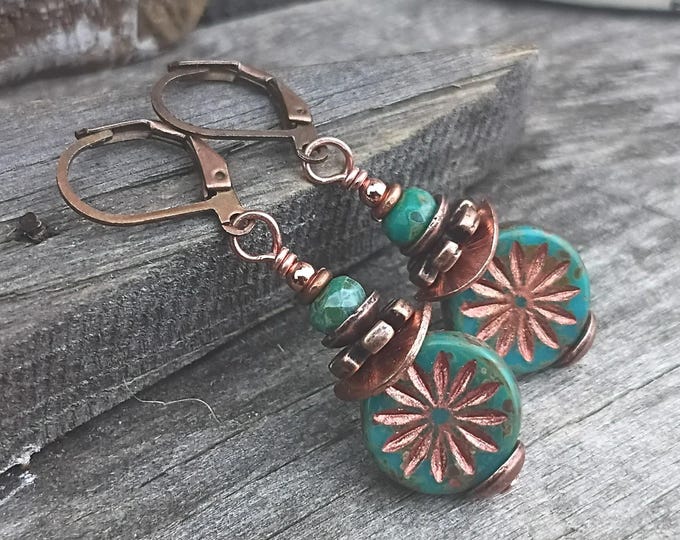 Rustic Earthy Turquoise Green Czech Glass Daisy Small Dangle Earrings