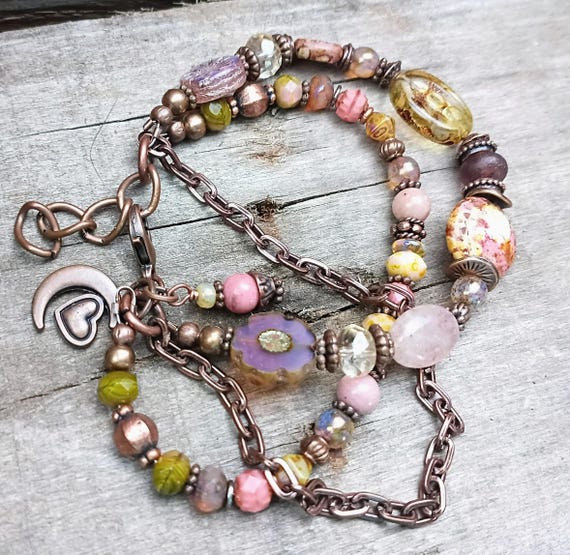 Multi Strand Czech Glass Beaded Bracelet, Antique Look, Creamy Pink Copper, Adjustable