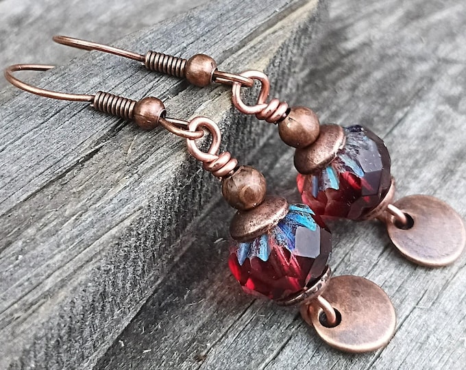 Sangria Pink Czech Glass & Coin Dangle Earrings, Choice of Ear Wire - Hypoallergenic